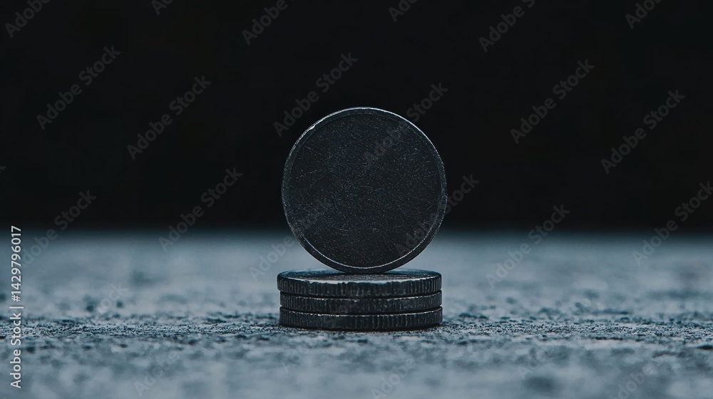 Poster a stack of dark coins is presented against a textured surface, creating a minimalist and moody aesth