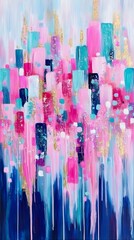 Abstract Pink Blue Gold Cityscape Painting Texture