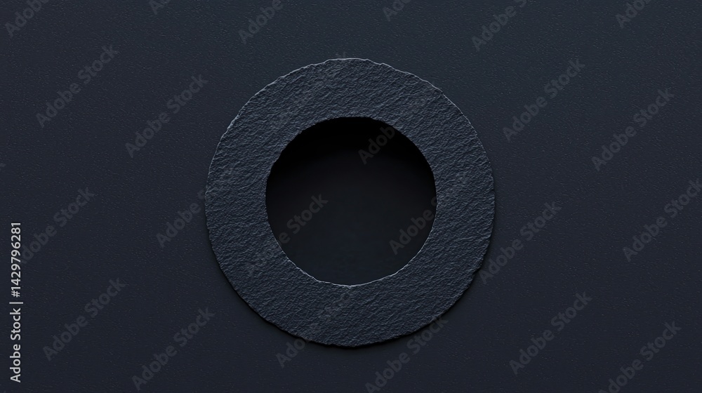 Poster a circular cutout on a textured black surface, emphasizing depth and simplicity in design.