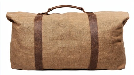 A stylish, brown duffel bag made from textured fabric, featuring leather straps and a spacious design perfect for travel or weekend getaways.
