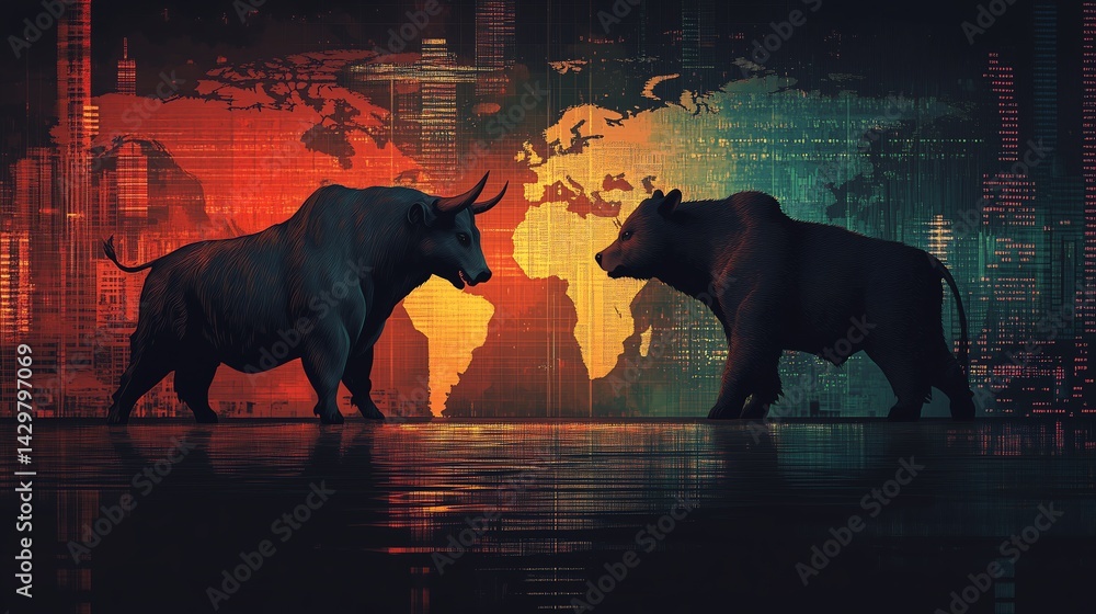 Poster digital illustration of bull and bear clashing in front of stock market chart with world map backdro