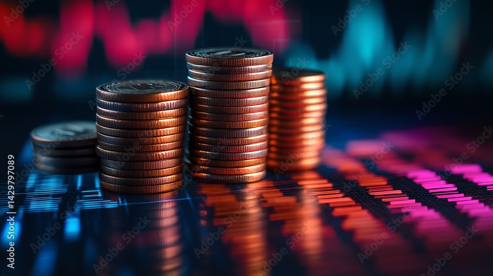 Poster double exposure image of coin stacks on technology financial graph background, minimalistic impactfu
