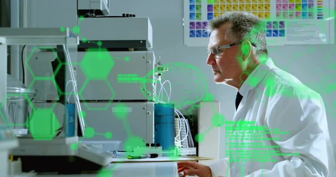 senior scientist examining HPLC system in chemistry lab, showing green hexagonal overlays