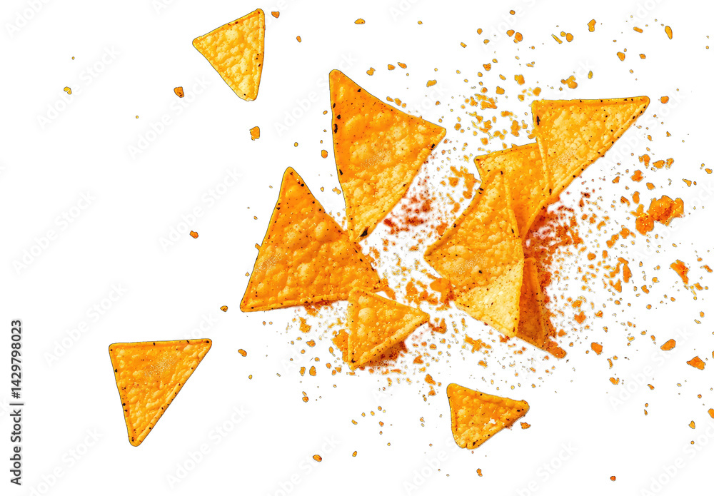 Aufkleber scattered triangular corn chips some whole and others broken with a dusting of seasoning or crumbs o