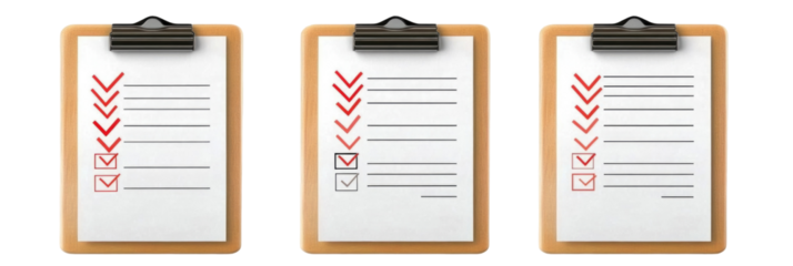 Three Clipboards with Checklists for Task Management and Organization on transparent background