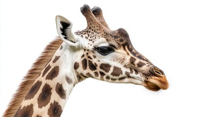 Close-up profile of a giraffe's head and neck against a white background.