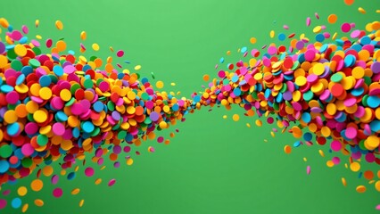 A burst of vibrant, multi hued circular paper pieces erupts, forming two distinct, cascading flows