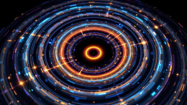 Concentric rings of shifting, iridescent hues emanate from a central point, expanding outwards into the inky blackness. The innermost ring glows with molten colors, resembling a fiery annulus
