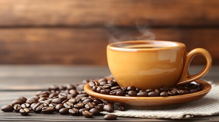Fototapeta premium Warm Coffee Cup with Roasted Beans on Wooden Table
