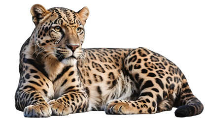 Obraz premium Portrait of a resting leopard wildlife animal with spotted pattern fur coat on transparent background