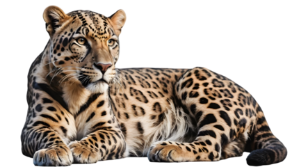 Portrait of a resting leopard wildlife animal with spotted pattern fur coat on transparent background
