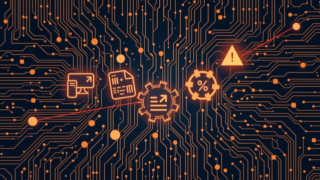 A looping animation displays a stylized circuit board pattern overlaid with pulsating data streams
