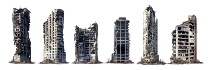 Abandoned skyscrapers showcasing urban decay and architectural deterioration in a post-disaster cityscape on transparent background