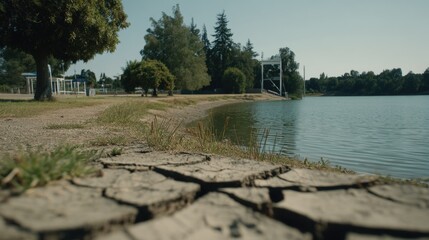 Cracked Earth Shoreline, Summer Drought, Lakeside Park