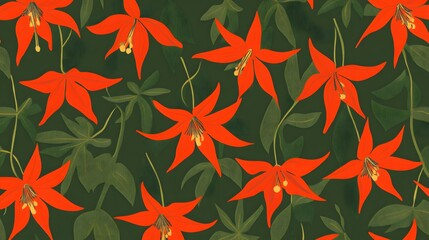 Vibrant Red Flowers Seamless Pattern Dark Green Leaves Botanical Illustration