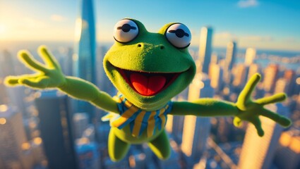 Green frog flying over the city with a cheerful face, clear and clean