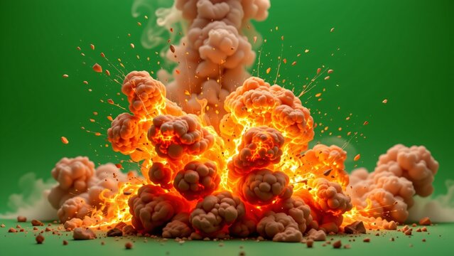 A meticulously crafted, 4K rendered explosion sequence designed for chroma key compositing against a green screen
