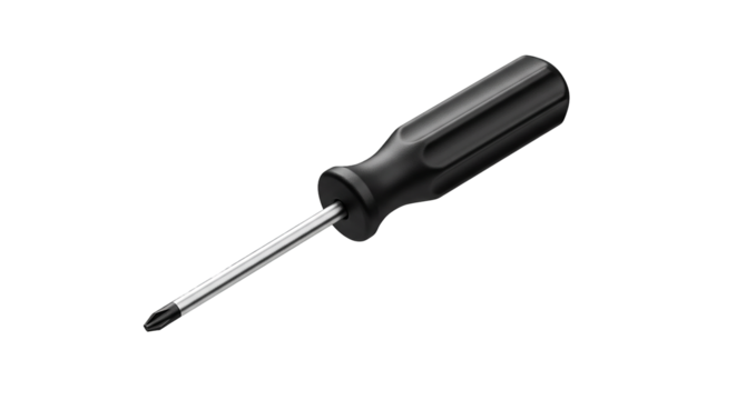 Stubby screwdriver, short handle, floating, product mockup style, no background, high contrast details