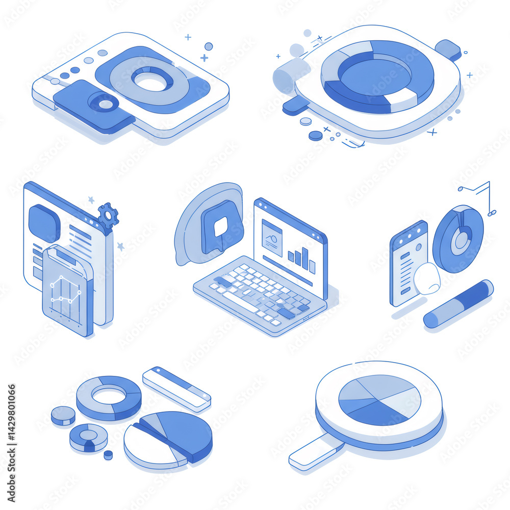 Poster isometric blue infographic elements on transparent background for data analysis visualization presen