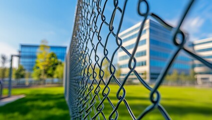 Chain link fence surrounding a grassy area with modern buildings in the background