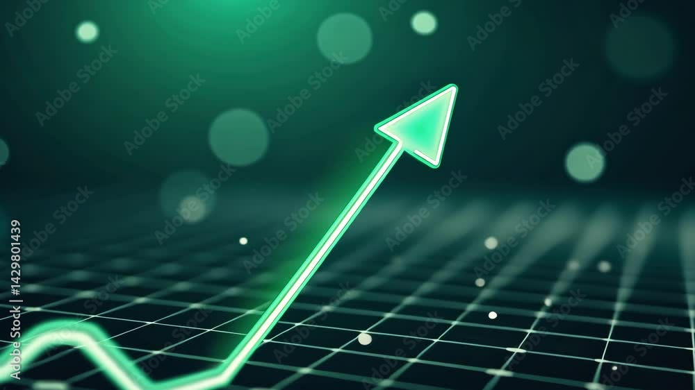 Poster green graph showing growth over dark background with blurred circles and digital effects for financi