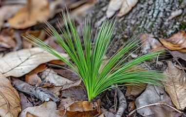 Vibrant Green Grass Sprout Among Autumn Leaves