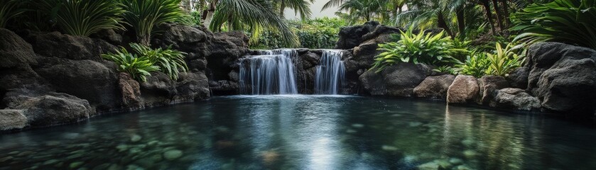 Obraz premium A stunning waterfall cascades gracefully over rugged rocks, surrounded by lush greenery. Sunlight glimmers on the water, creating a serene and tranquil atmosphere in nature.