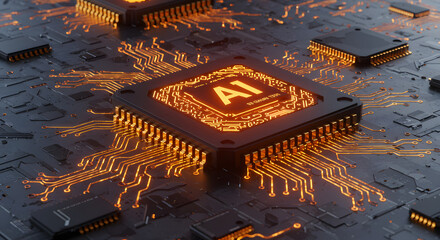 neon light scifi Futuristic AI chip embedded in a glowing motherboard with pulsing neon circuits