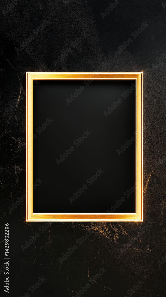 Poster a black frame with gold trim sits on a black background. the frame is empty, but it is clear that it