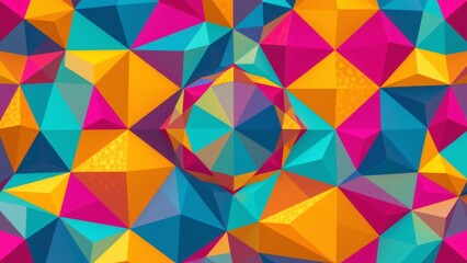 Vibrant, multifaceted geometric shapes in a rotating, never ending pattern. Vivid teals, magentas, and golden yellows dominate the palette, creating a playful yet sophisticated visual experience
