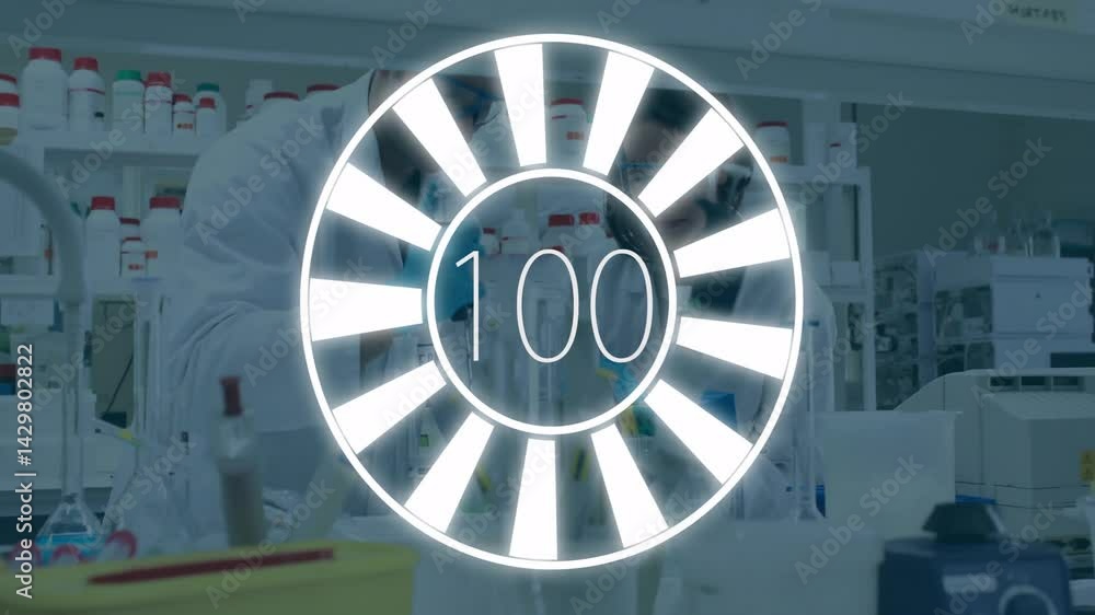 Poster two scientists conducting science experiment in lab with pipettes, showing animated loading graphic