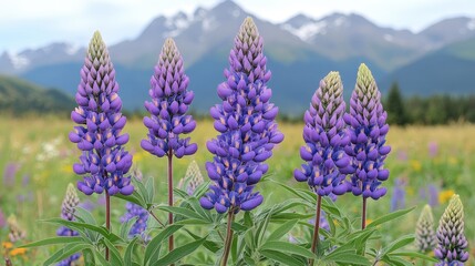 Lush purple lupines stand tall against a backdrop of majestic mountains.