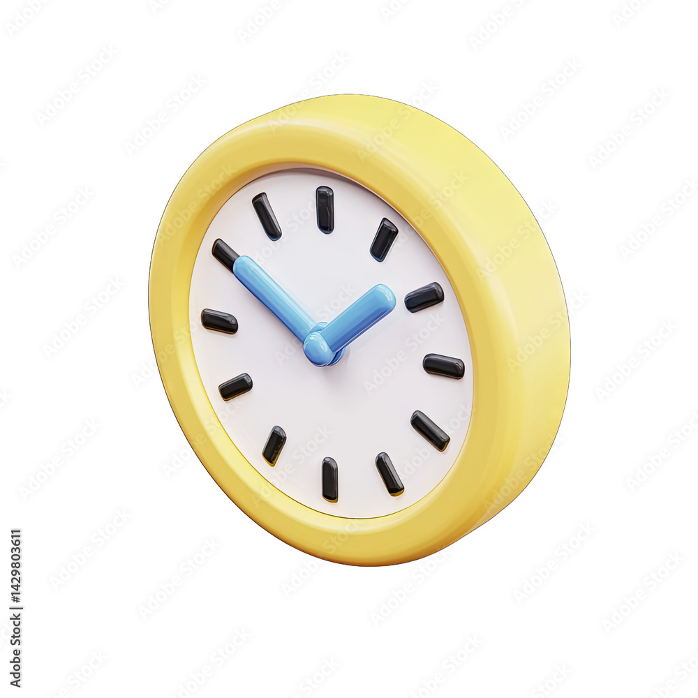 Poster a colorful stylized clock with a yellow frame and blue hands designed to represent time in a playful