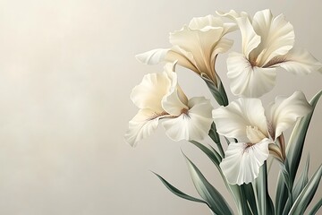 Fototapeta premium Elegant cream irises on a light beige background. Possible use floral print, wallpaper, greeting cards