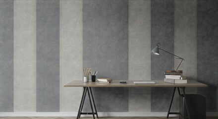 Modern Minimalist Home Office Design with Grey Striped Wall and Simple Wooden Desk