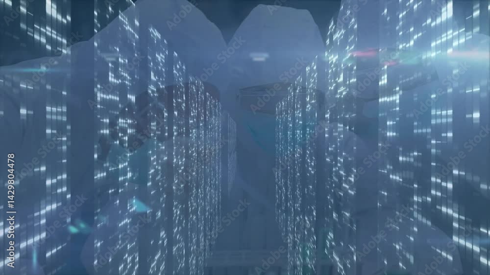 Poster server racks guiding view down data center aisle, with data overlays floating over led lights