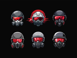 Vector eSport logo of a tactical skull soldier wearing a futuristic helmet with red visor, gas mask, and battle scars