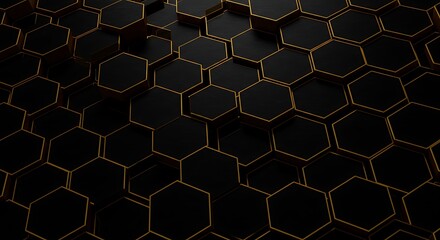 A striking abstract pattern of dark, almost black, hexagons with thin, elegant gold outlines, creating a modern and sophisticated three-dimensional effect.