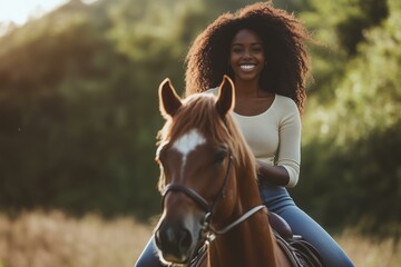 Portrait of smiling black woman riding horse in outdoor country ranch and stroking gently, copy space