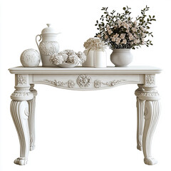 Elegant white console table decorated with flowers and ornate details in a classic style setting home vase life room chic