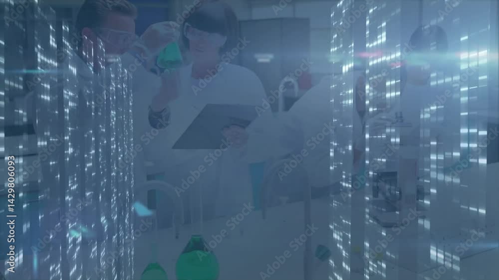 Poster scientists collaborating at lab bench, pouring green flask, reviewing tablet data on data streams