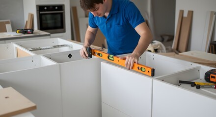 Installing new kitchen cabinets home renovation project construction work