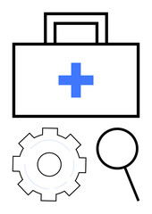 Toolbox with medical cross, gear for technical optimization, magnifying glass for detailed analysis. Ideal for healthcare, diagnostics, medical research, innovation, troubleshooting, data solutions