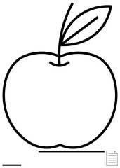 Apple with single leaf drawn in clean outline, document icon at bottom corner. Ideal for education, health, nature, simplicity, wellness, digital creativity food themes. Perfect for simple landing