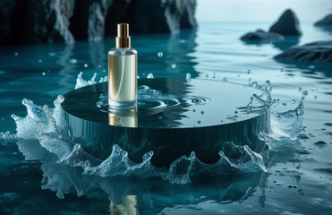 A perfume bottle stands on a round platform surrounded by splashing water. The scene is set outdoors with rocks and water as a backdrop, creating a fresh and aquatic ambiance.