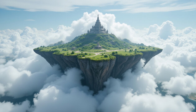 floating island features majestic castle surrounded by lush greenery and fluffy clouds, evoking sense of wonder and tranquility - Powered by Adobe