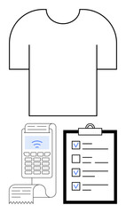 T-shirt above payment terminal with receipt and checklist clipboard. Ideal for retail, e-commerce, inventory, payment process, task management, shopping, simple landing page