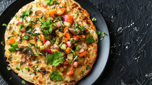 Indian uttapam vegetables top cooked tawa served black plate over dark surface South Indian savory pancake colorful and wholesome traditional dish from India