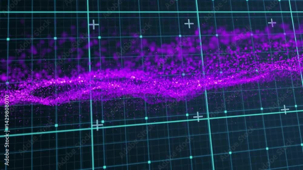 Poster diagonal band of purple-pink particles moving across neon 3d grid, showing plus markers and nodes