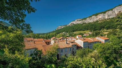 Obraz premium Village roofs under blue sky & mountain backdrop, framed by green foliage. Scenery